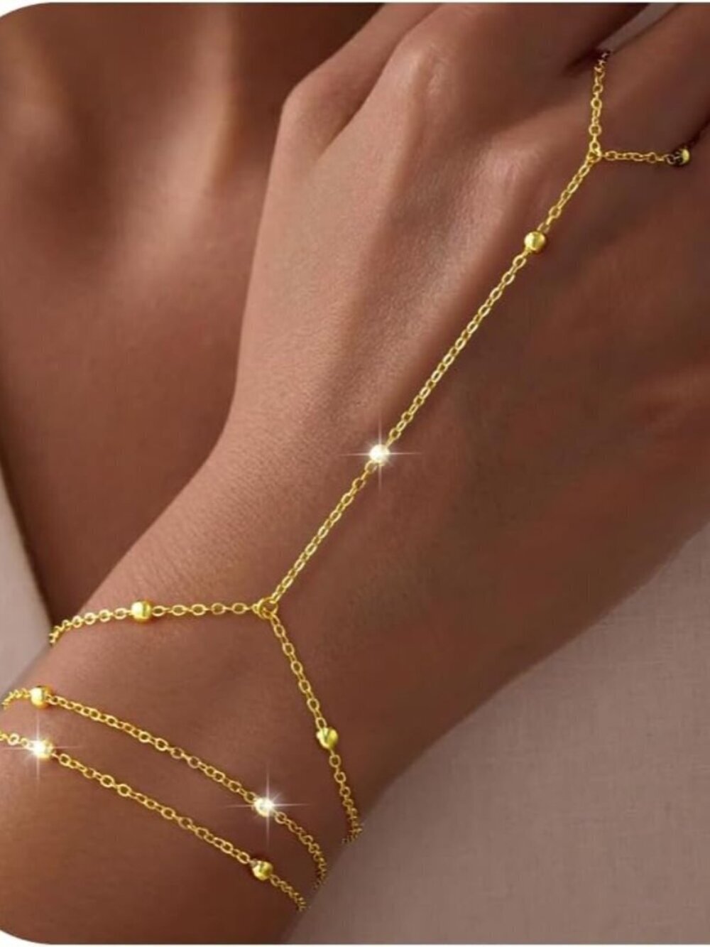 Dainty 14K Gold Plated Hand Chain Flash O Bracelet Women Layered Ring Jewelry